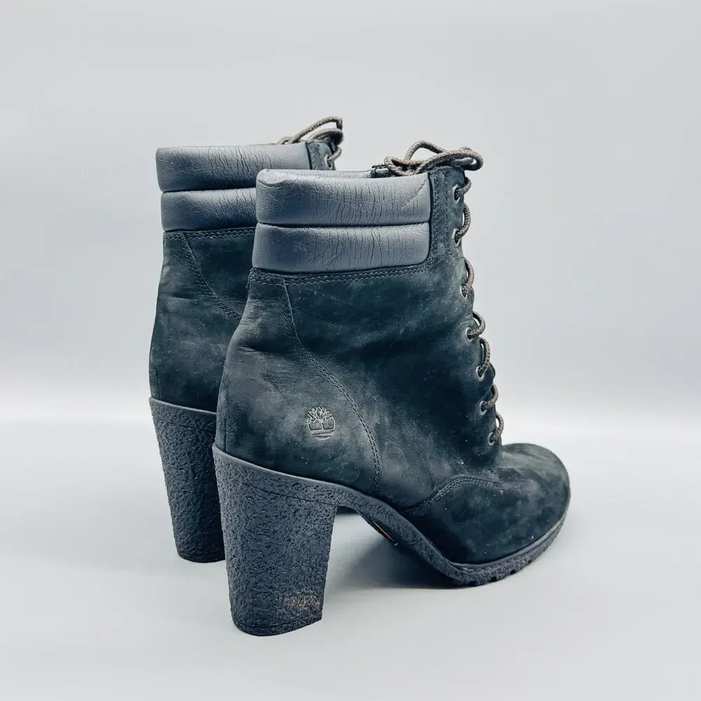 Timberland Boots Womens 9 Black Nubuck Lace Up Heel Ankle Booties Lug Sole